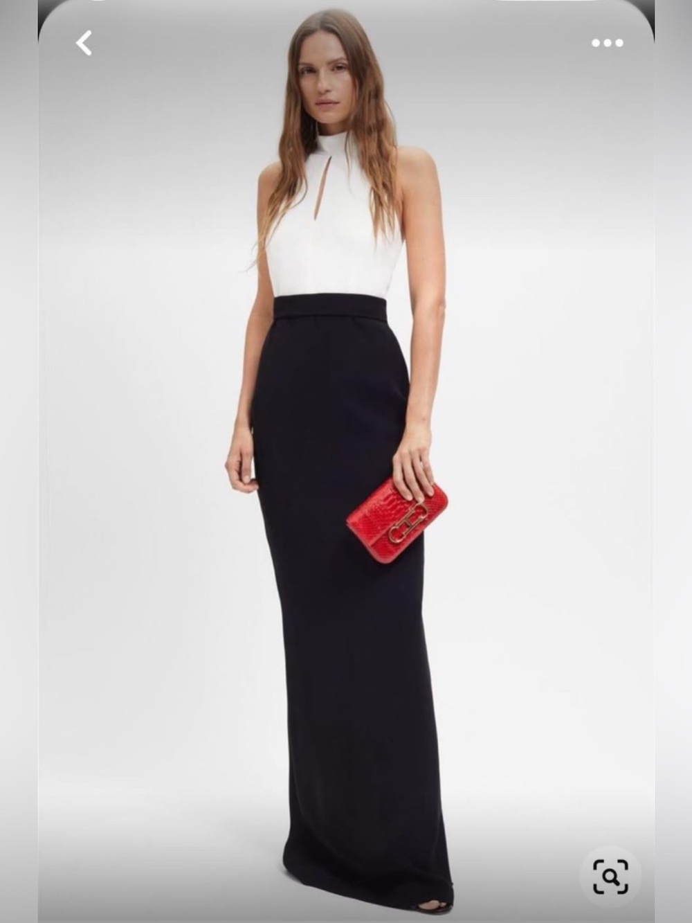 New Carolina Herrera Black & White Halter Gown with Red Clutch
